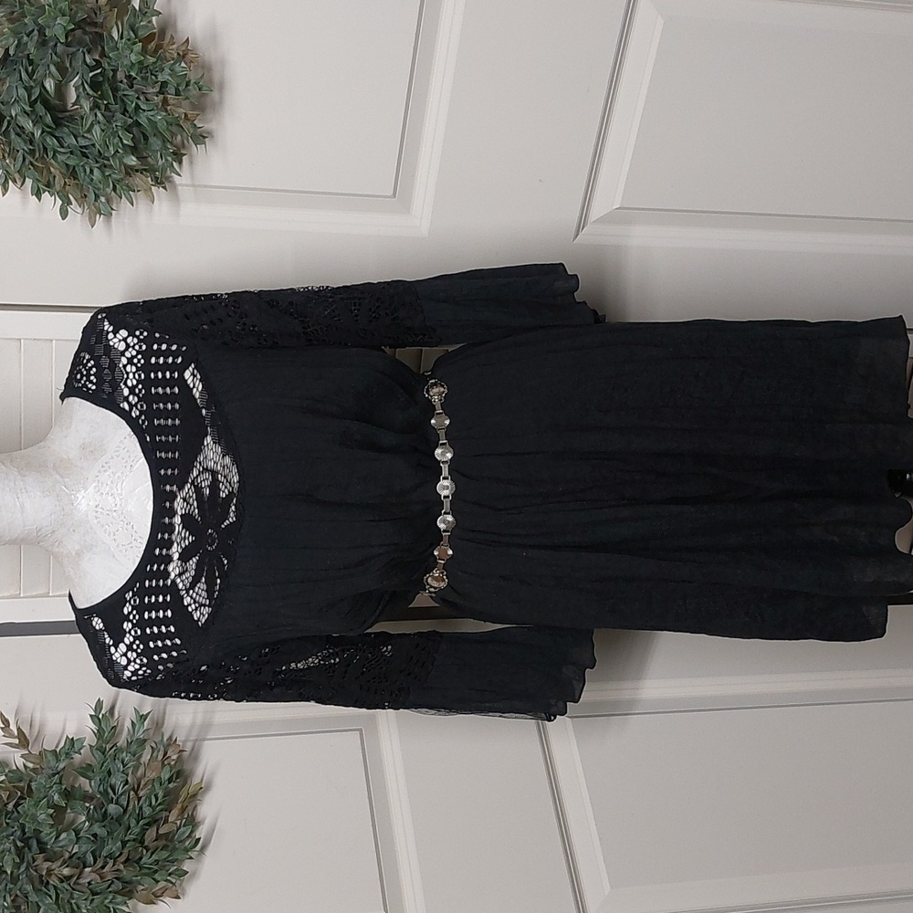 Rebellion Black Long Sleeve Gauze Lace Dress Large